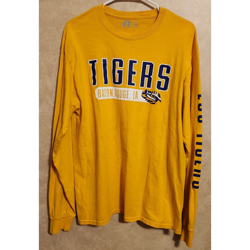 Russell LSU Tigers Long Sleeve Shirt‎ Mens Large Gold Baton Rouge LA Cotton Tee